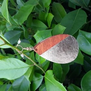 Wood/ Teardrop Statement Earrings w/Metallic Pink Faux Leather Detail